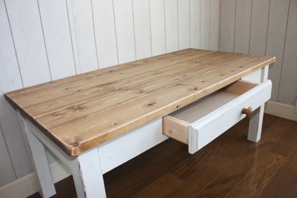 引き出し付きローテーブル（ホワイト×ブラウン） - 木工家具のGWL
